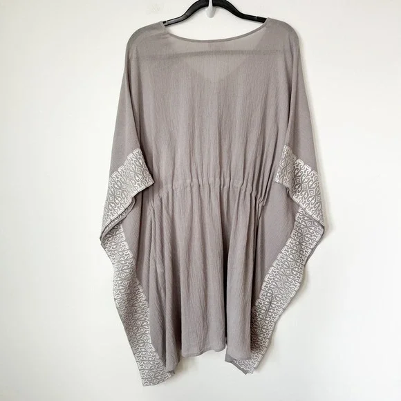 Garnet Hill Embroidered Kaftan Swim Cover Up Gray White Drawcord Tassel Large - Picture 5 of 9